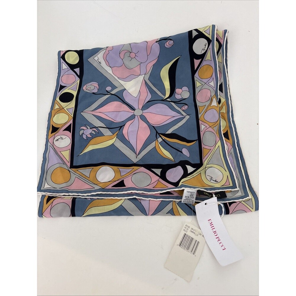 EMILIO PUCCI Women's Signature Print Scarf Blue 180x35cm Silk 12”x52” New